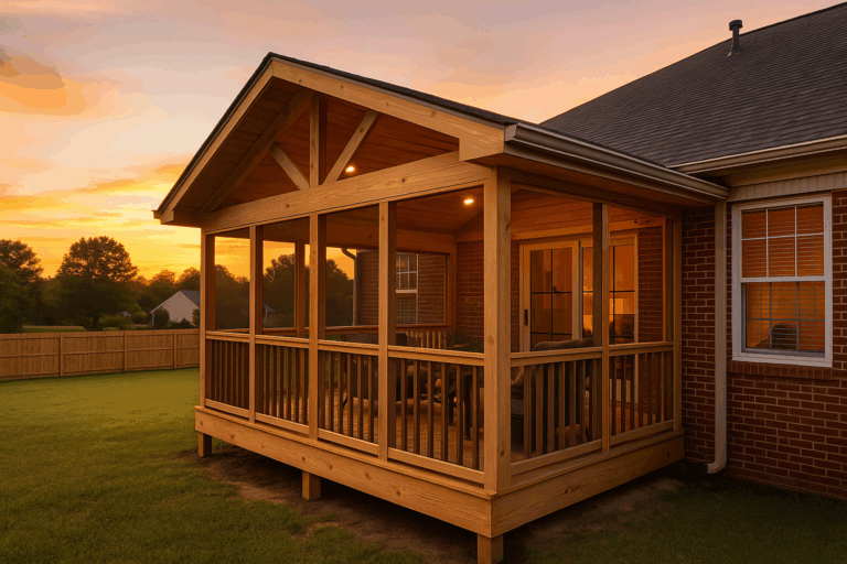 Custom finished porch in Chattanooga at sunset showing quality craftsmanship