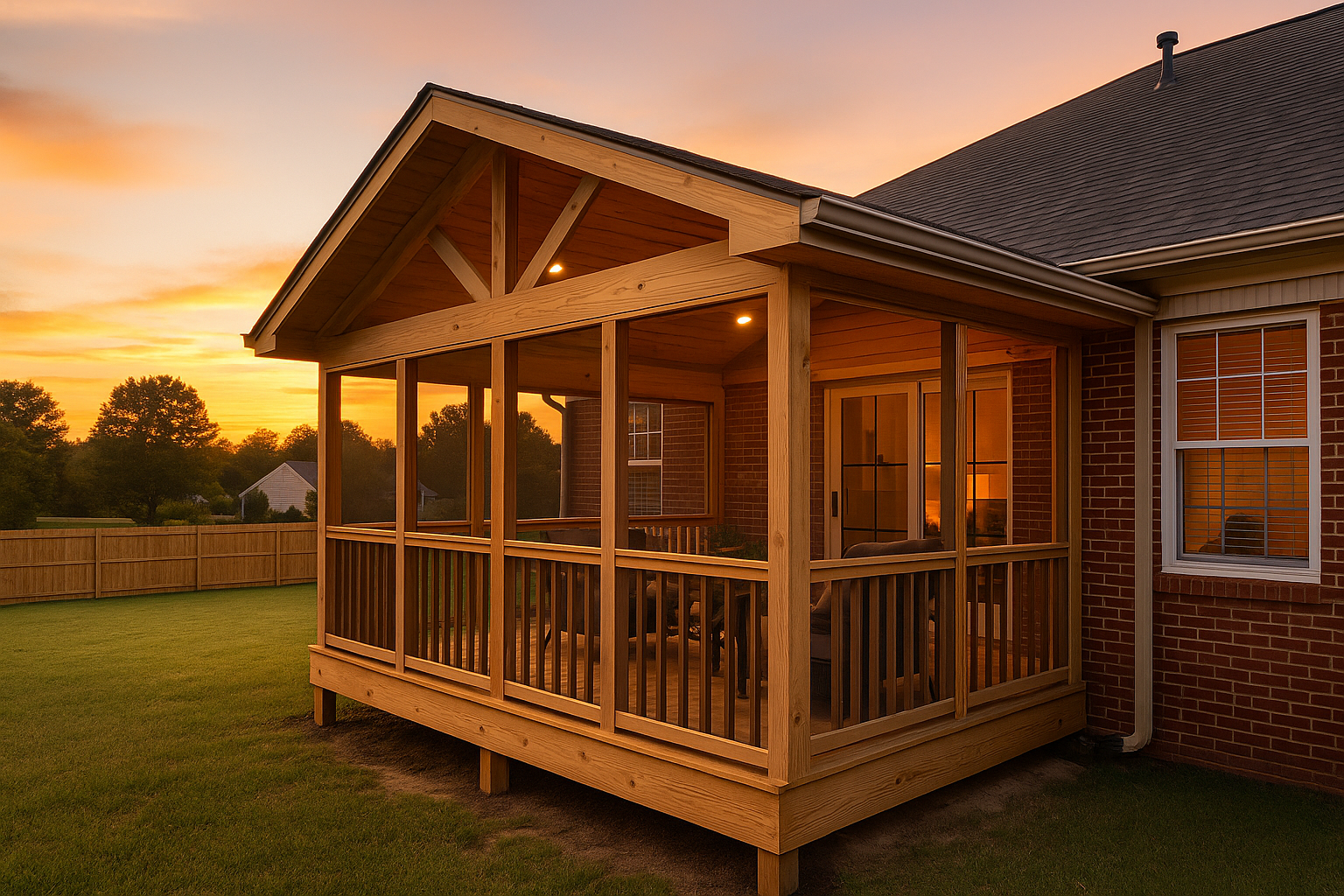 Custom finished porch in Chattanooga at sunset showing quality craftsmanship