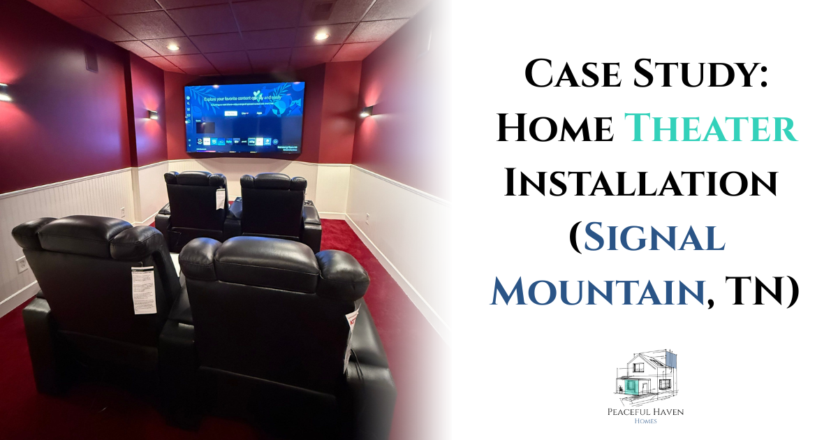 Contractors painting deep red walls and installing acoustical ceiling panels in Signal Mountain TV room renovation