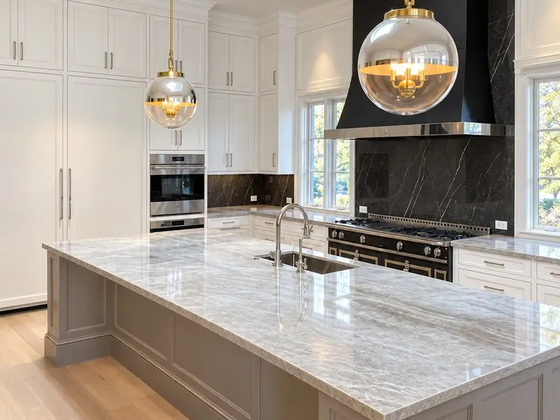 Luxury kitchen with gray island and marble countertop