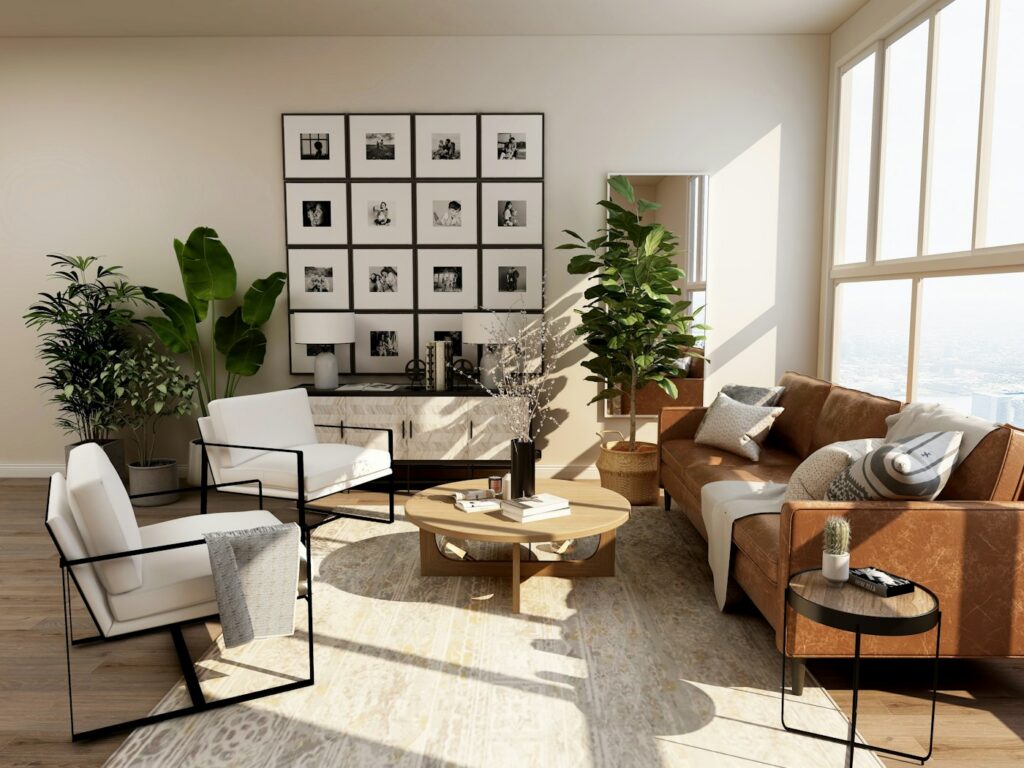 Living room with a large picture window and city view